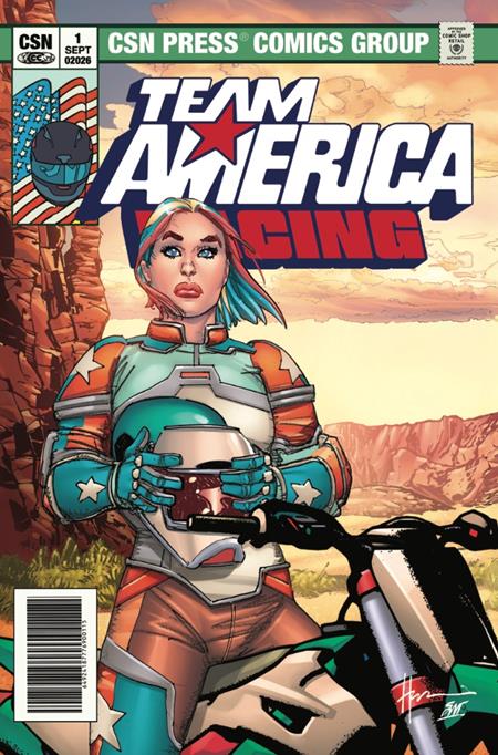 Standard alt text
Comic book cover for Team America Racing #1 from CSN Press Comics Group. A woman with pink and blue hair sits on a motocross bike holding a helmet. She wears a teal, white, and orange racing suit with white stars. Canyon landscape and sunset sky in background. Barcode in bottom left corner.